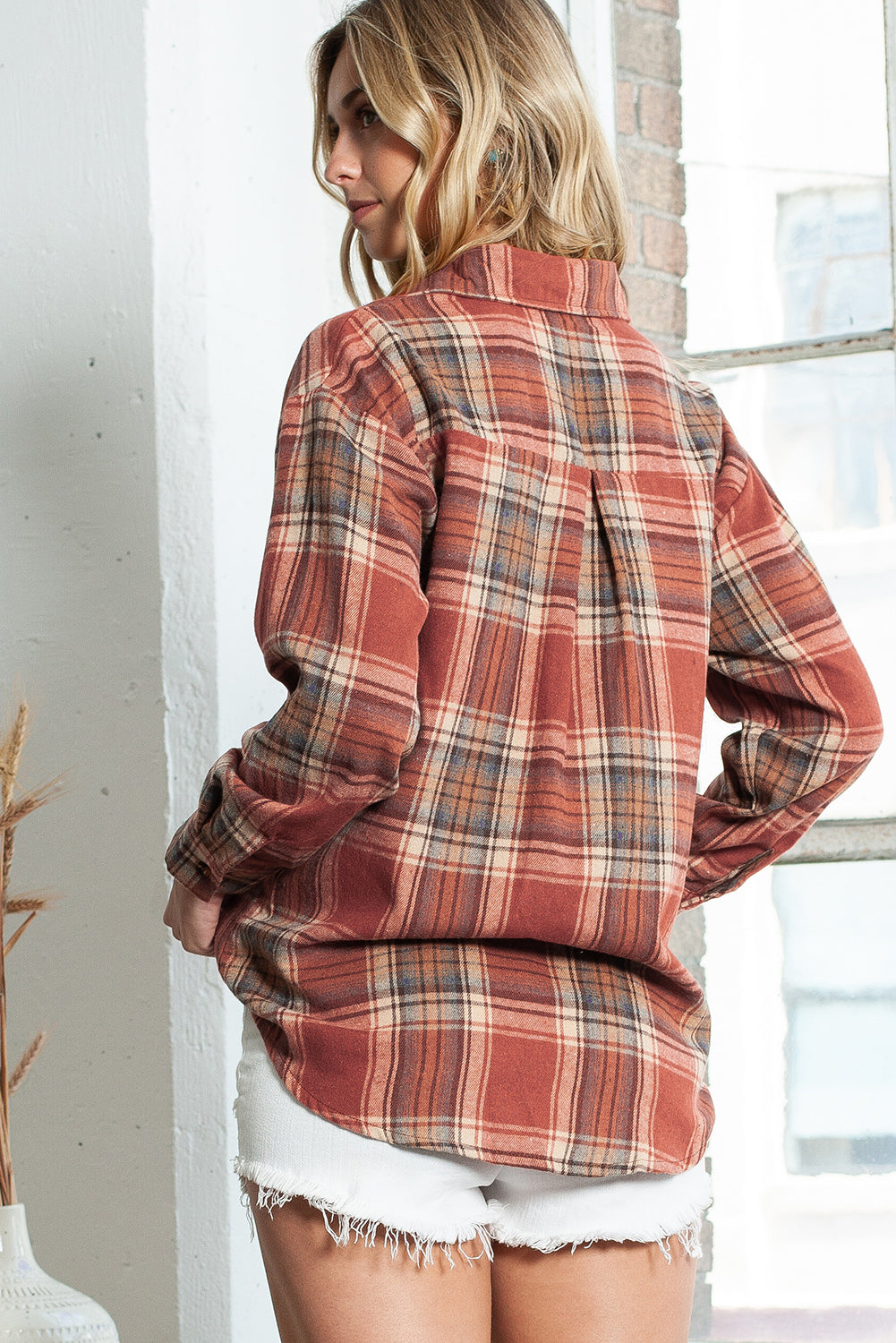 Multicolor Plaid Colorblock Button Up Shacket