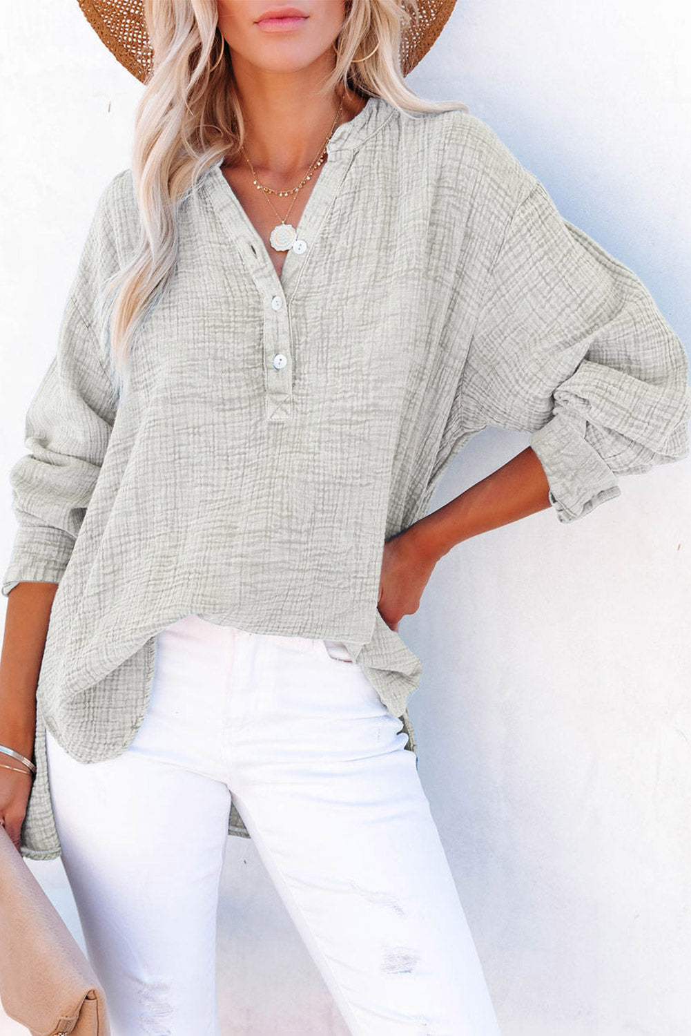 Gray Loose Crinkle Button V Neck Henley Top