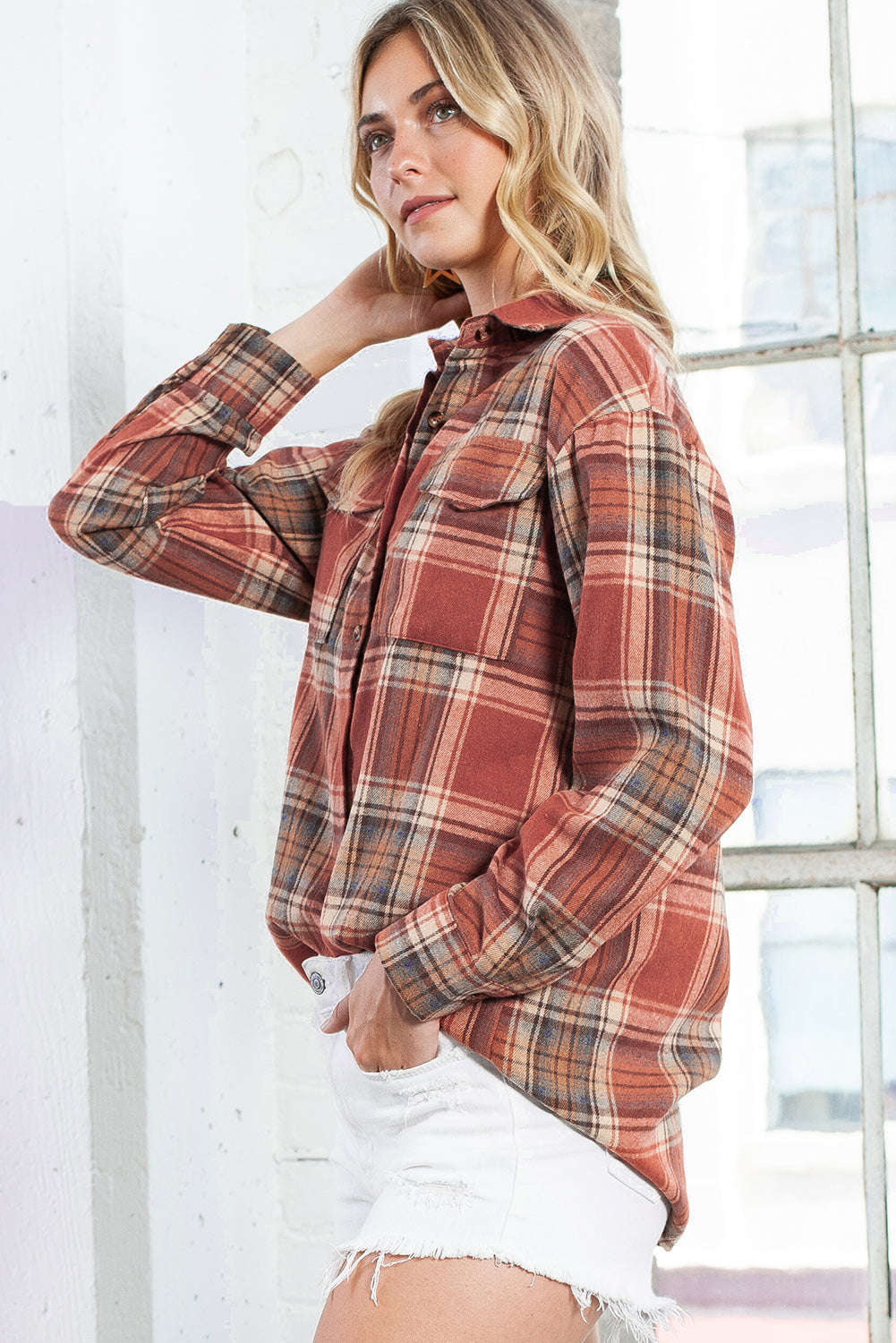 Multicolor Plaid Colorblock Button Up Shacket