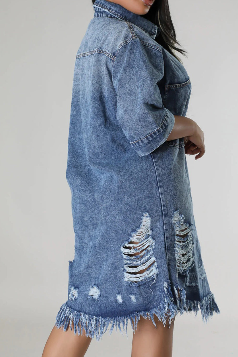 Distressed Raw Hem Button Up Denim Dress