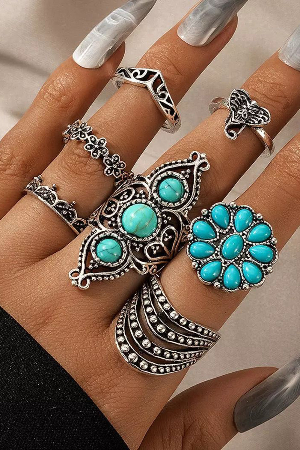 Green Vintage 7Pcs Floral Geometric Turquoise Ring Set