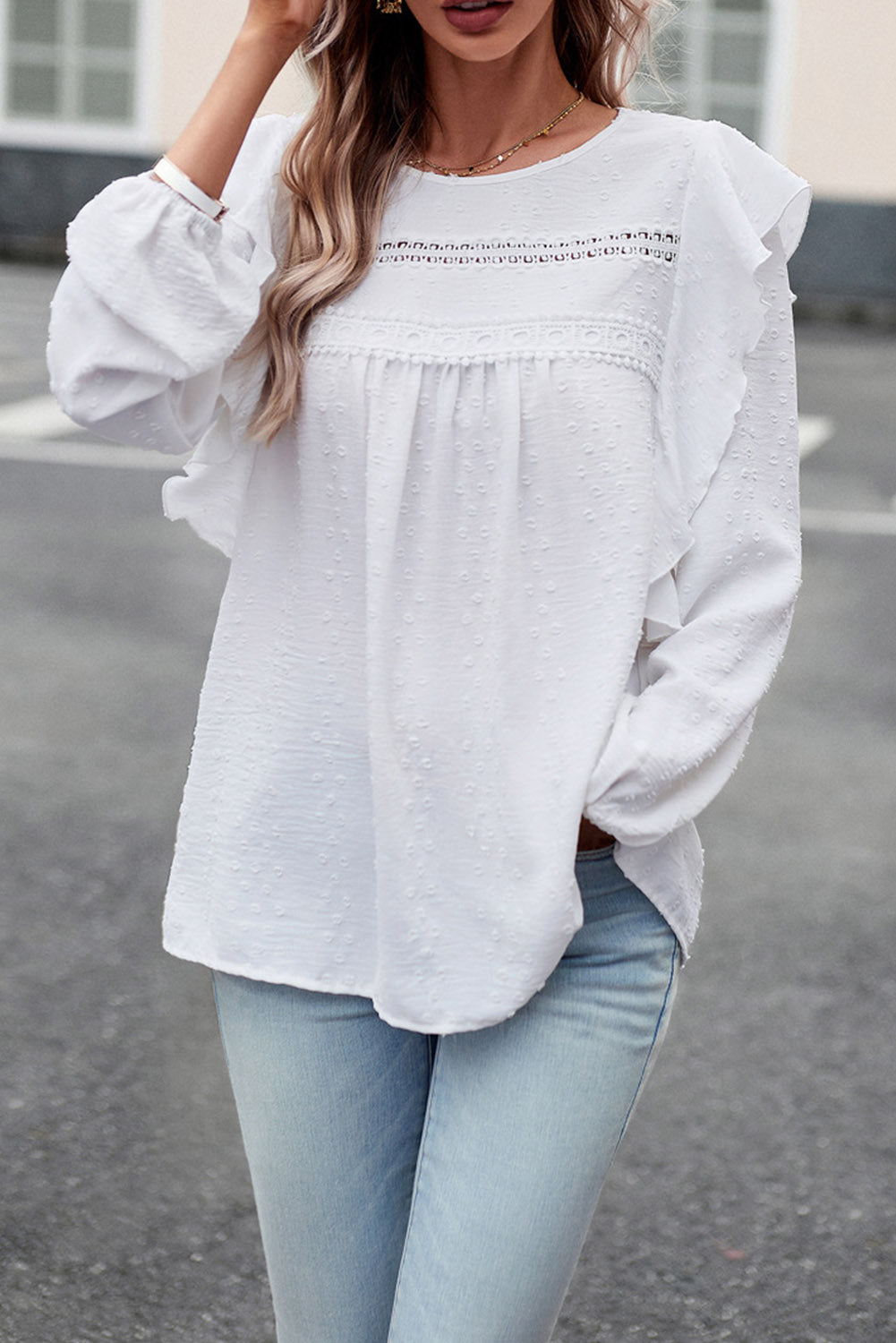 Bright White Swiss Dot Ruffle Shoulder Long Sleeve Blouse