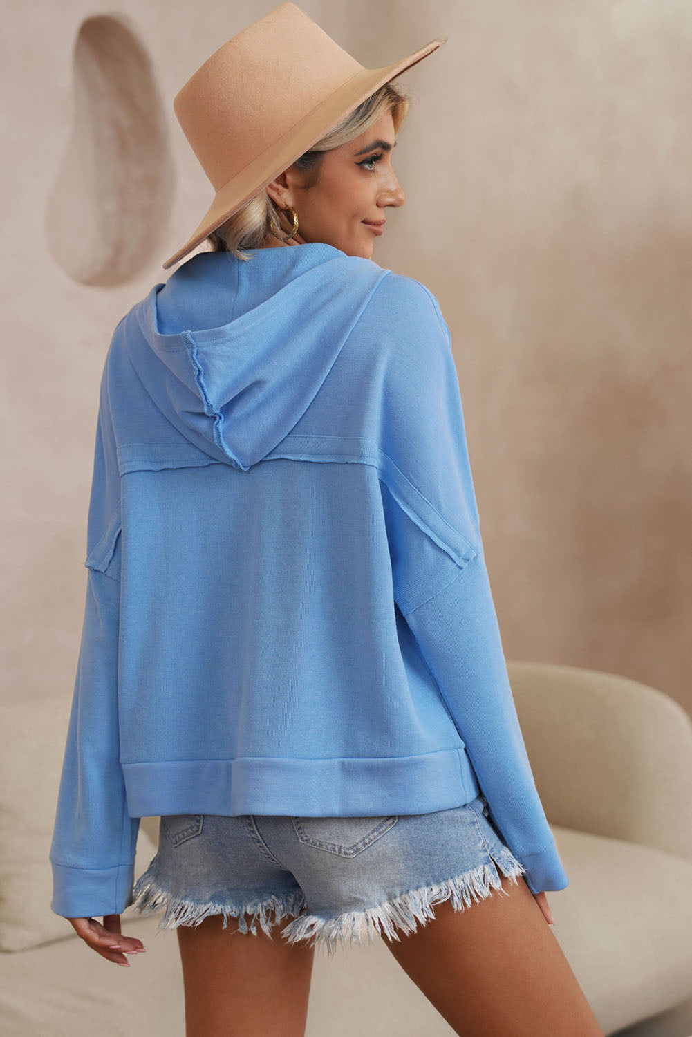 Light Blue Solid Patchwork Button Seam Trim Hoodie