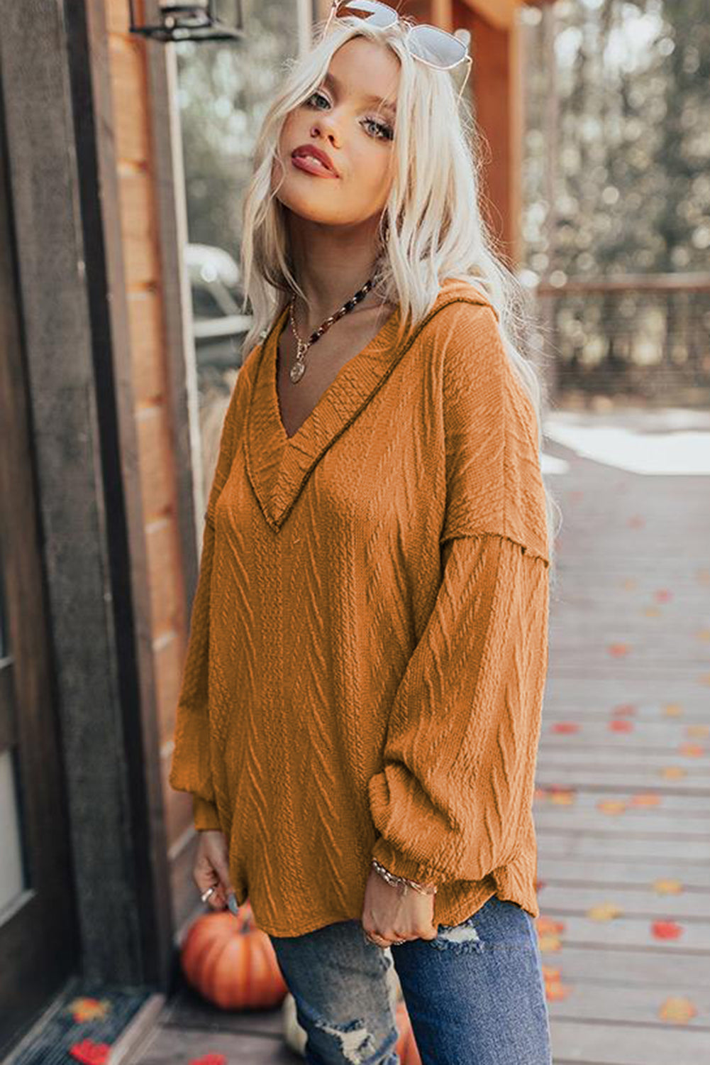 Orange Textured Casual V Neck Bishop Sleeve Top