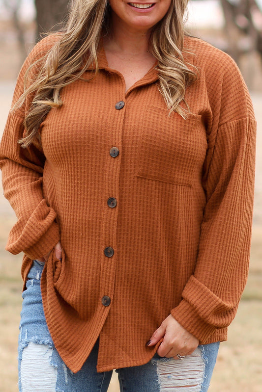 Brown Plus Size Waffle Knit Textured Shacket