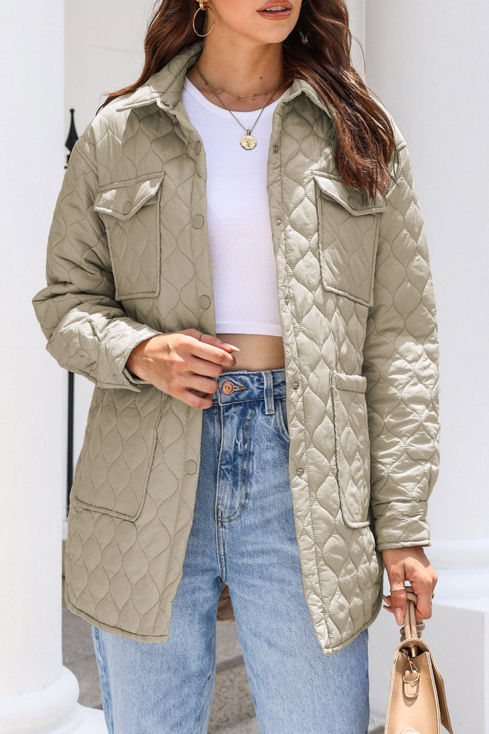 Beige Big Pockets Quilted Button Down Puffer Coat