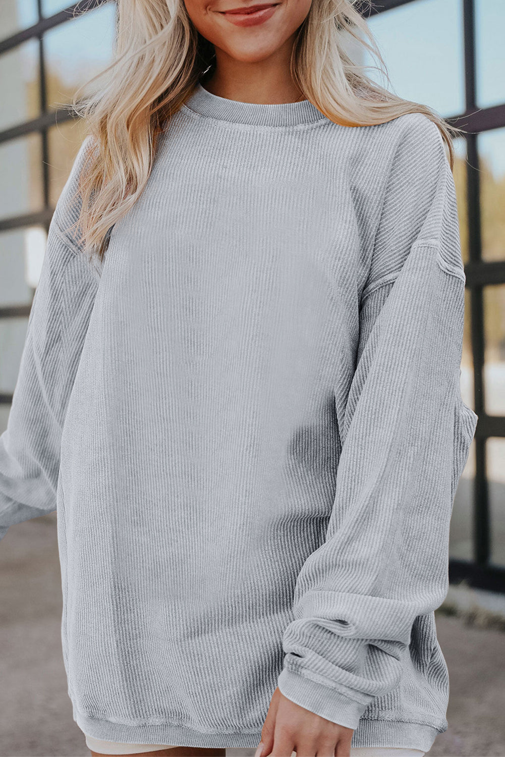 Light Grey Drop Shoulder Ribbed Oversized Sweatshirt