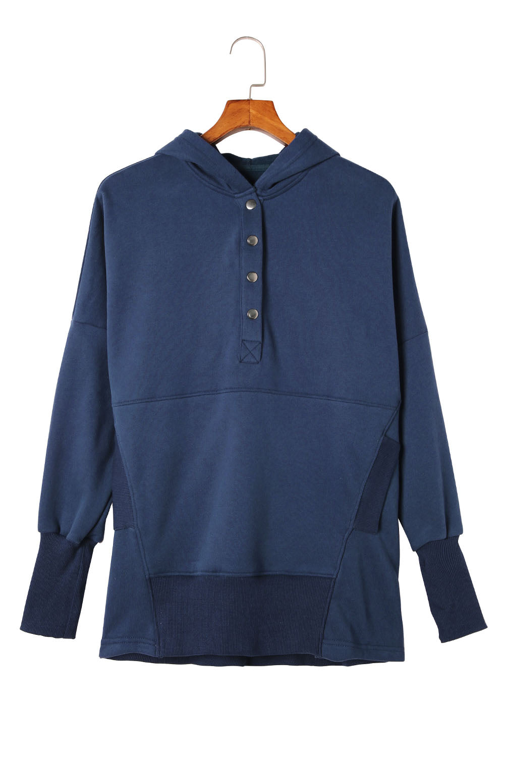 Dark Blue Snap Button Batwing Sleeve Pocket Henley Hoodie