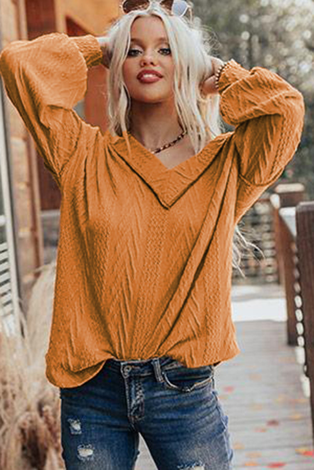 Orange Textured Casual V Neck Bishop Sleeve Top