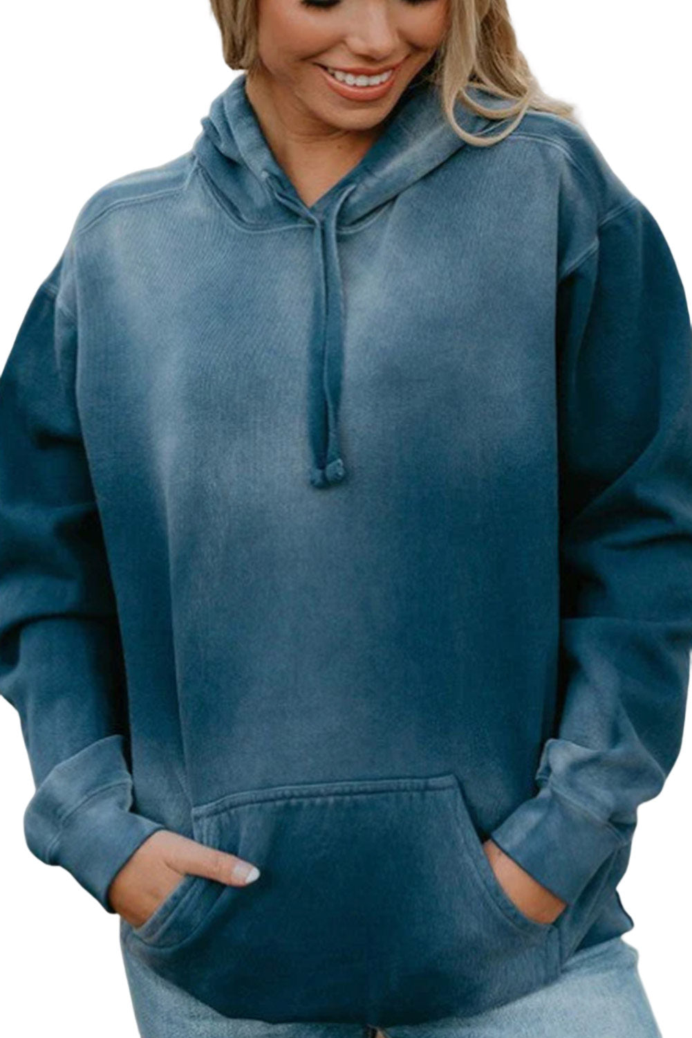 Dark Blue Washed Kangaroo Pocket Drawstring Hoodie