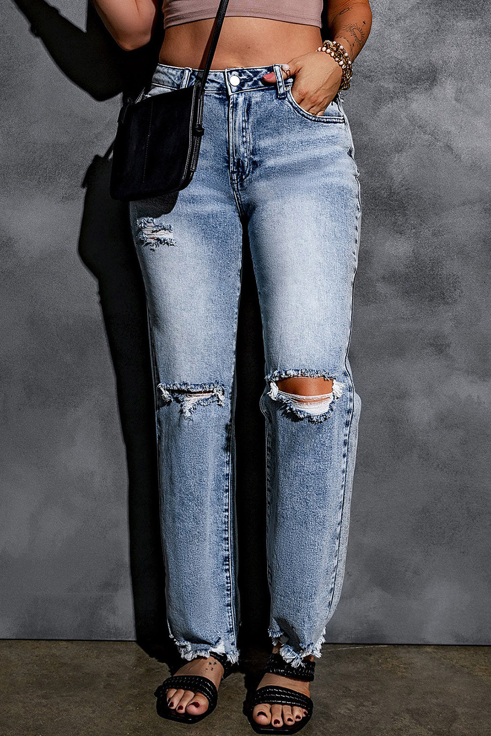 Light Blue Washed Ripped Raw Hem High Waisted Wide Leg Jeans