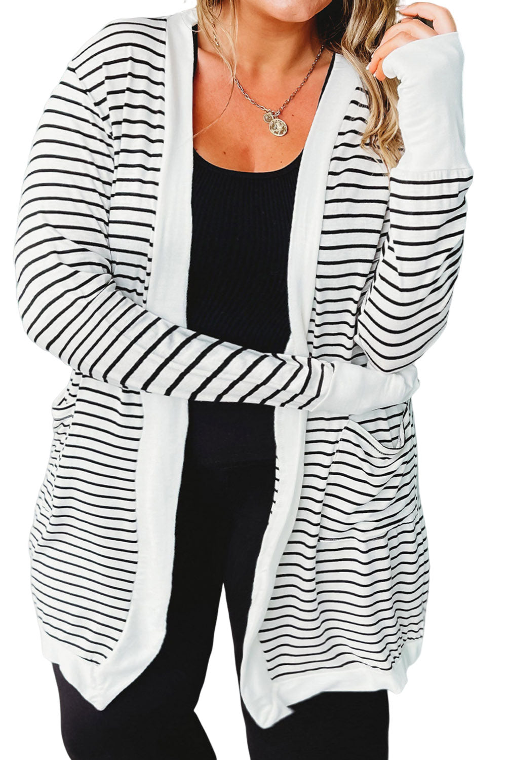 Bright White Extended Long Sleeve Plus Size Striped Cardigan