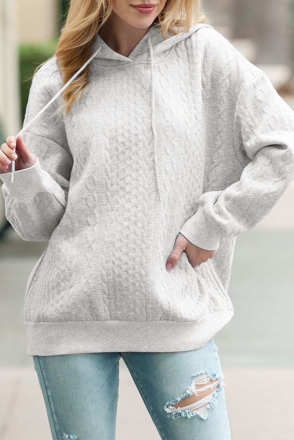 White Cable Textured Casual Drawstring Hoodie