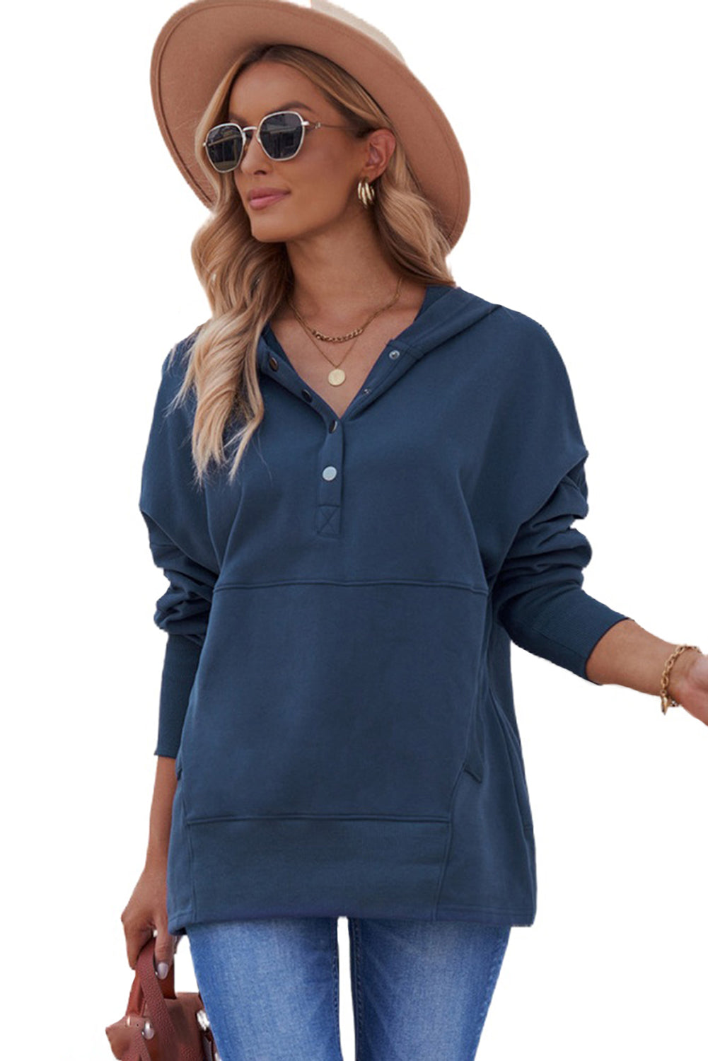 Dark Blue Snap Button Batwing Sleeve Pocket Henley Hoodie