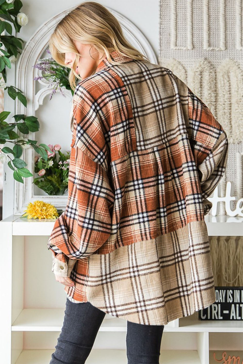 Khaki Plaid Chest Pocket Oversized Rounded Hem Shacket