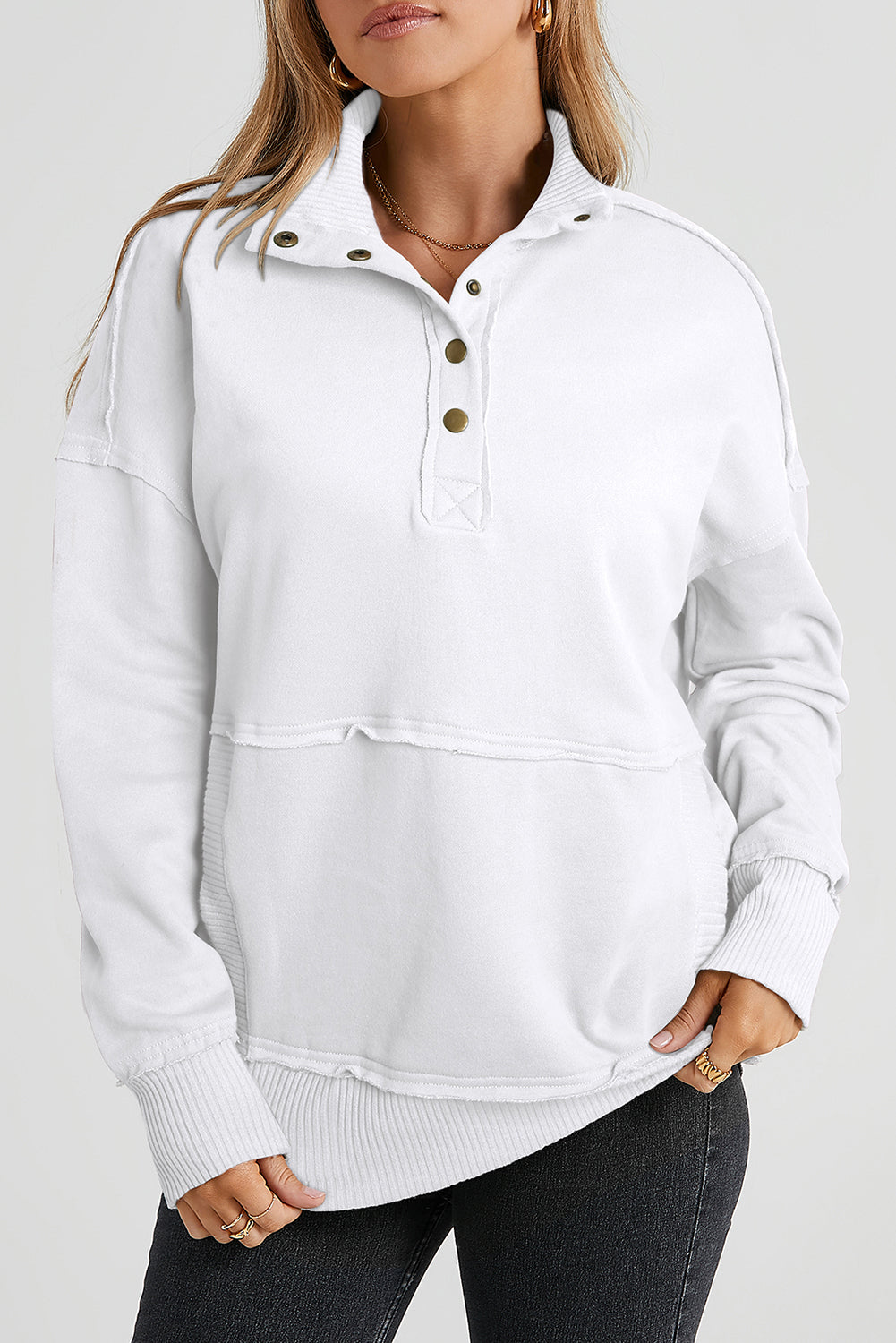 White Ribbed Trim Snap Button Collar Kangaroo Pocket Sweatshirt