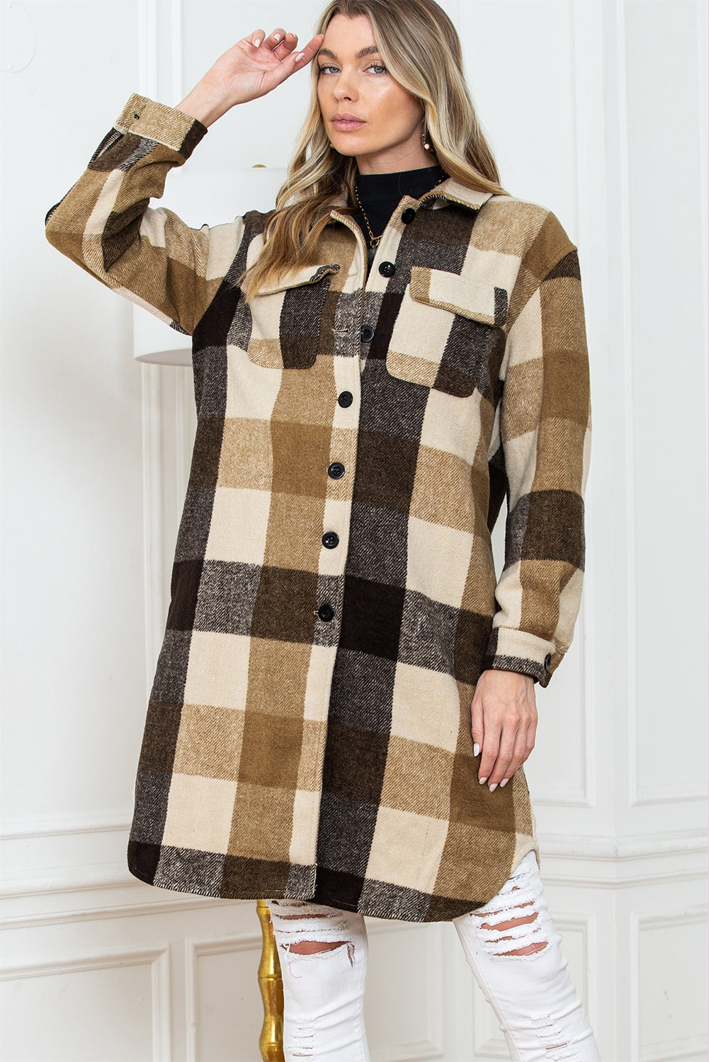 Rose Plaid Button Down Flap Pocket Long Shacket