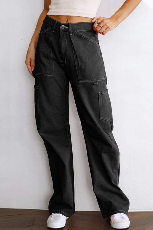 Black Denim Straight Leg High Waisted Cargo Pants