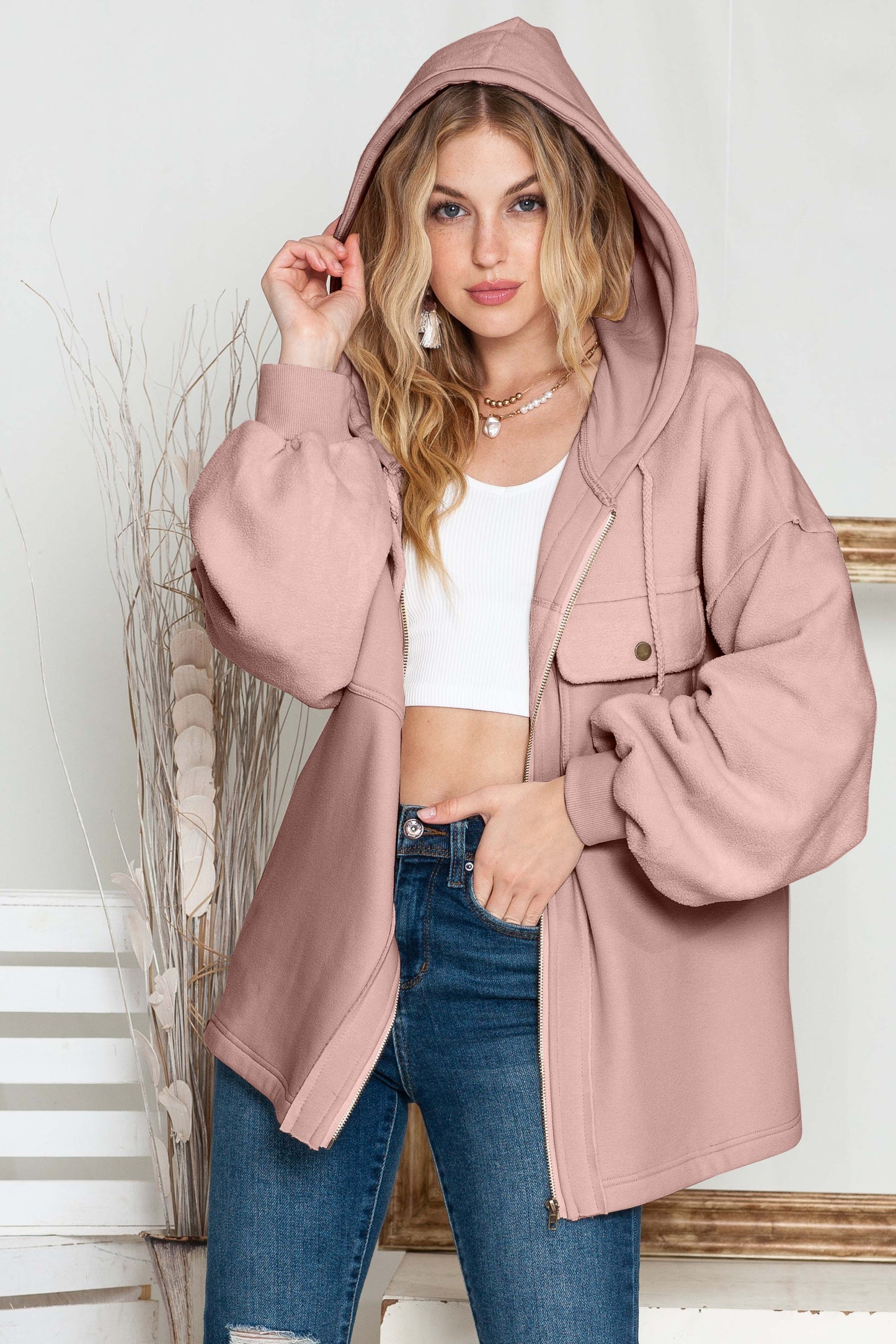 Pink Bishop Sleeve Zip Up Hoodie Jacket with Flap Pockets