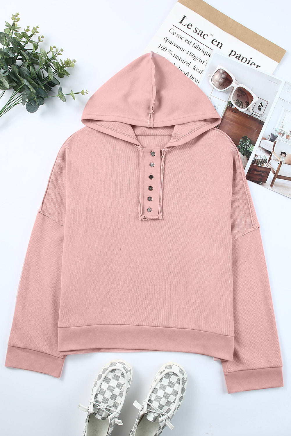 Light Blue Solid Patchwork Button Seam Trim Hoodie