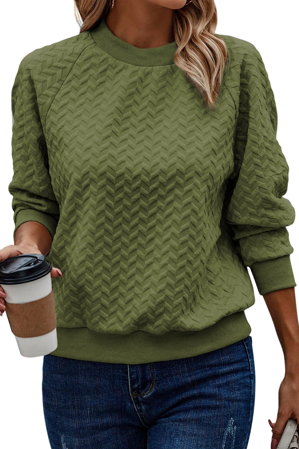 Chestnut Solid Color Textured Raglan Sleeve Pullover Sweatshirt