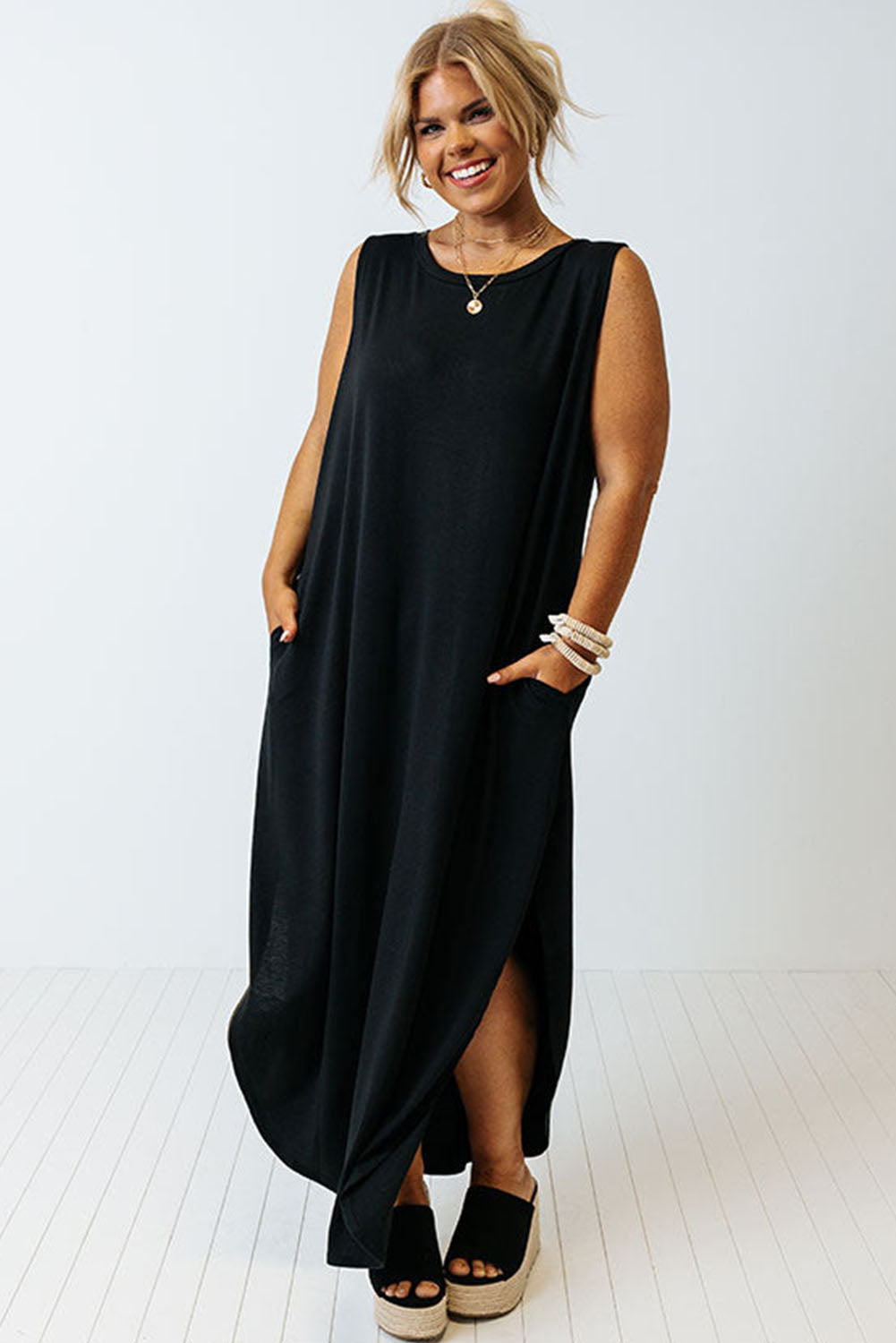 Black Plus Size Wide Sleeveless Shoulder Split Maxi Tank Dress