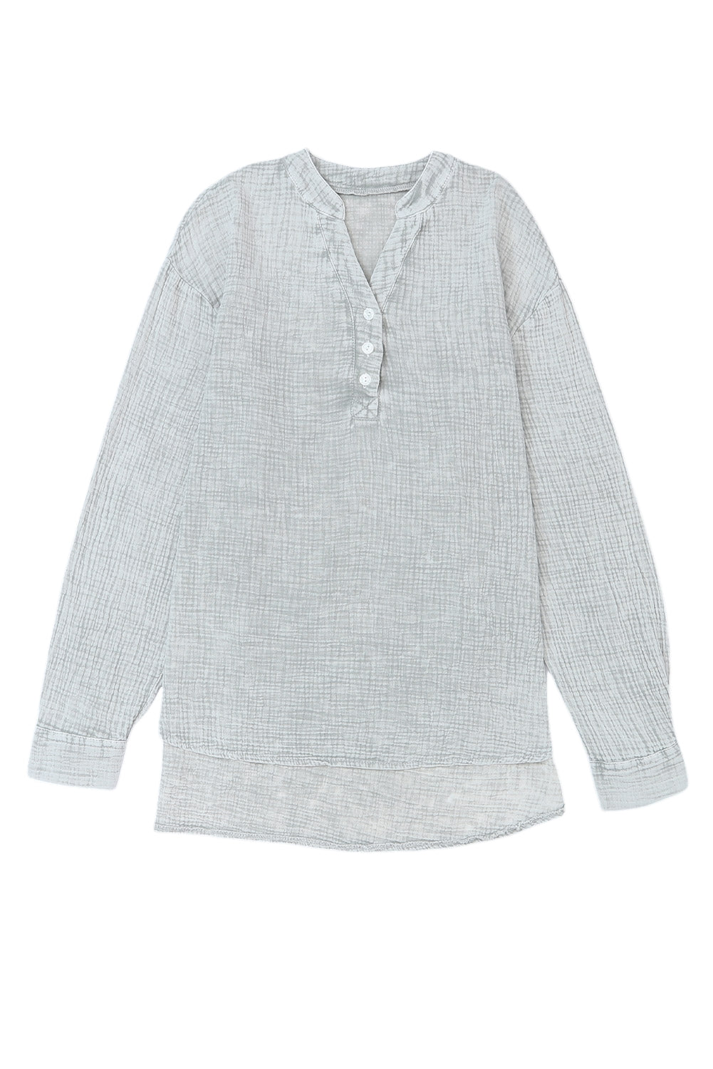 Gray Loose Crinkle Button V Neck Henley Top