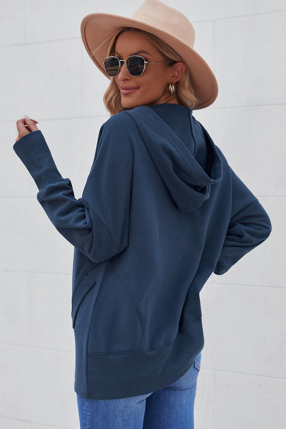 Dark Blue Snap Button Batwing Sleeve Pocket Henley Hoodie