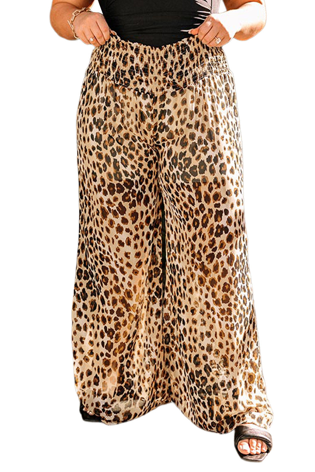 Leopard Smocked Plus Size High Waist Wide Leg Pants