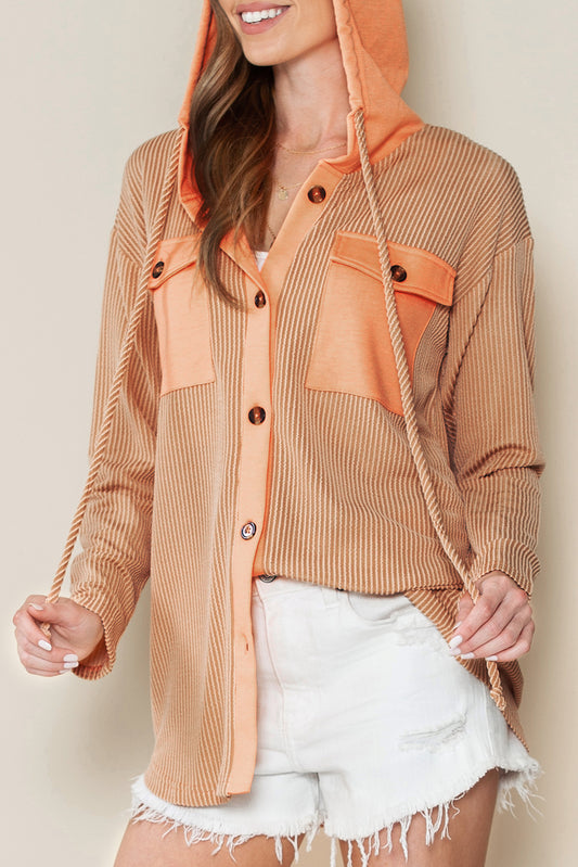 Apricot Flap Pockets Patchwork Hooded Ribbed Shacket