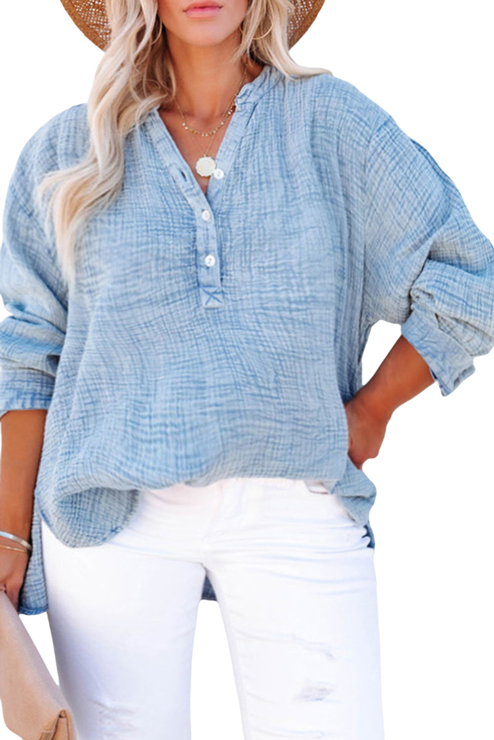 Light Blue Plus Size Split Neck Buttons Crinkled Blouse