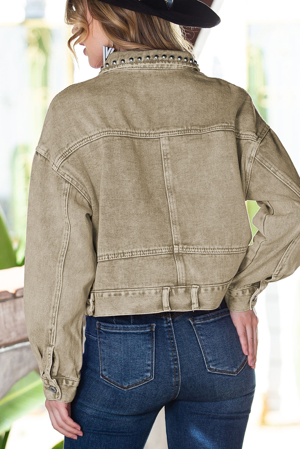 Khaki Rivets Pocketed Cropped Denim Jacket