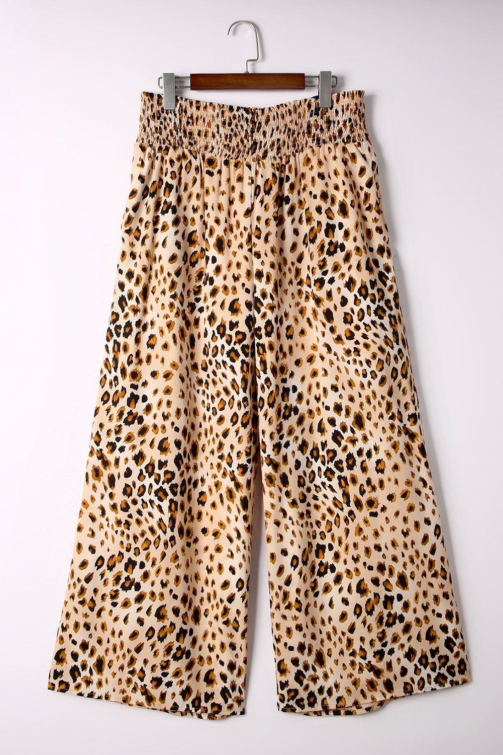 Leopard Smocked Plus Size High Waist Wide Leg Pants