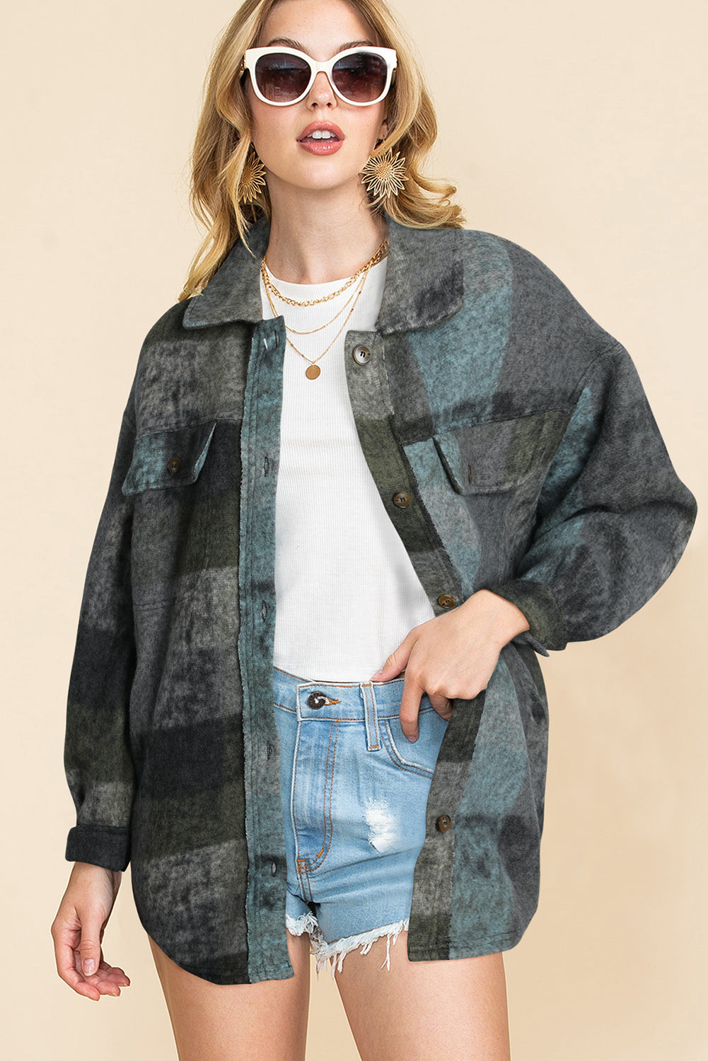 Multicolor Brushed Plaid Pocketed Oversize Shacket