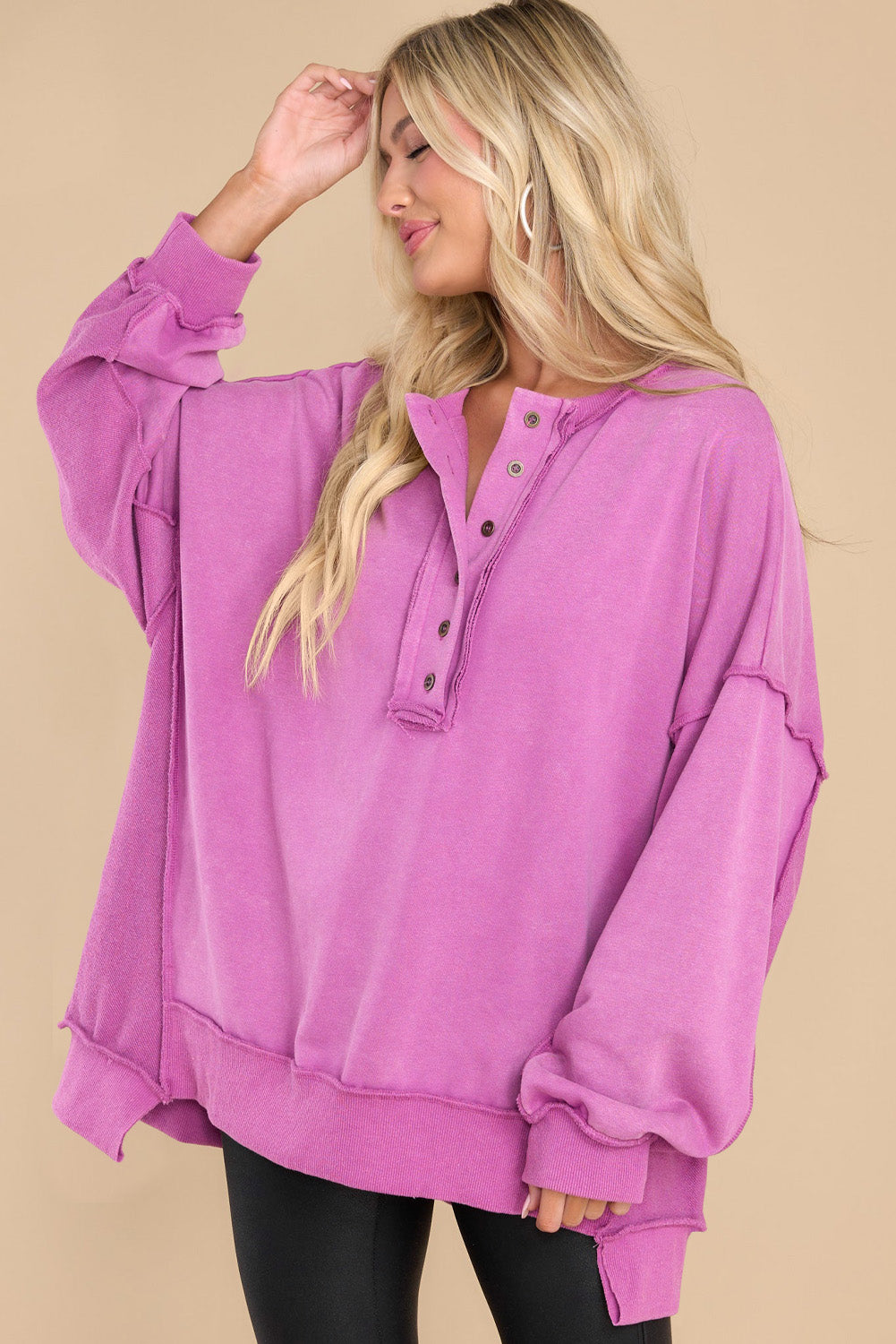 Green Patchwork Exposed Seam Oversized Henley Sweatshirt