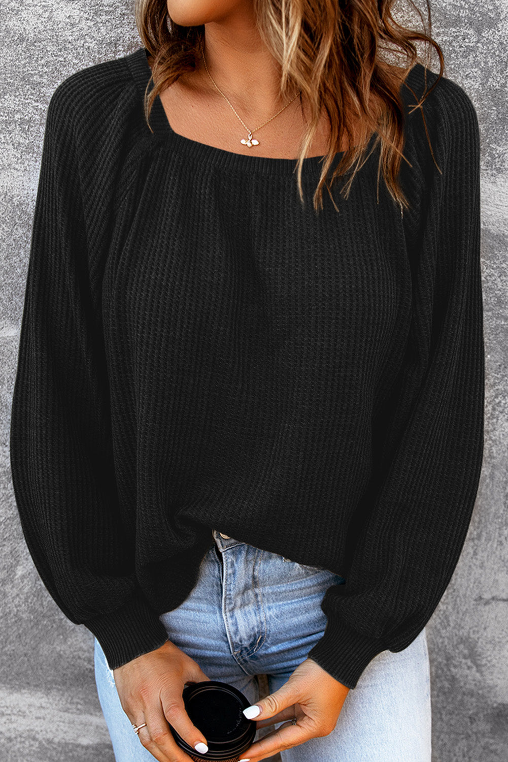 Black Waffle Textured Square Neck Bishop Sleeve Top