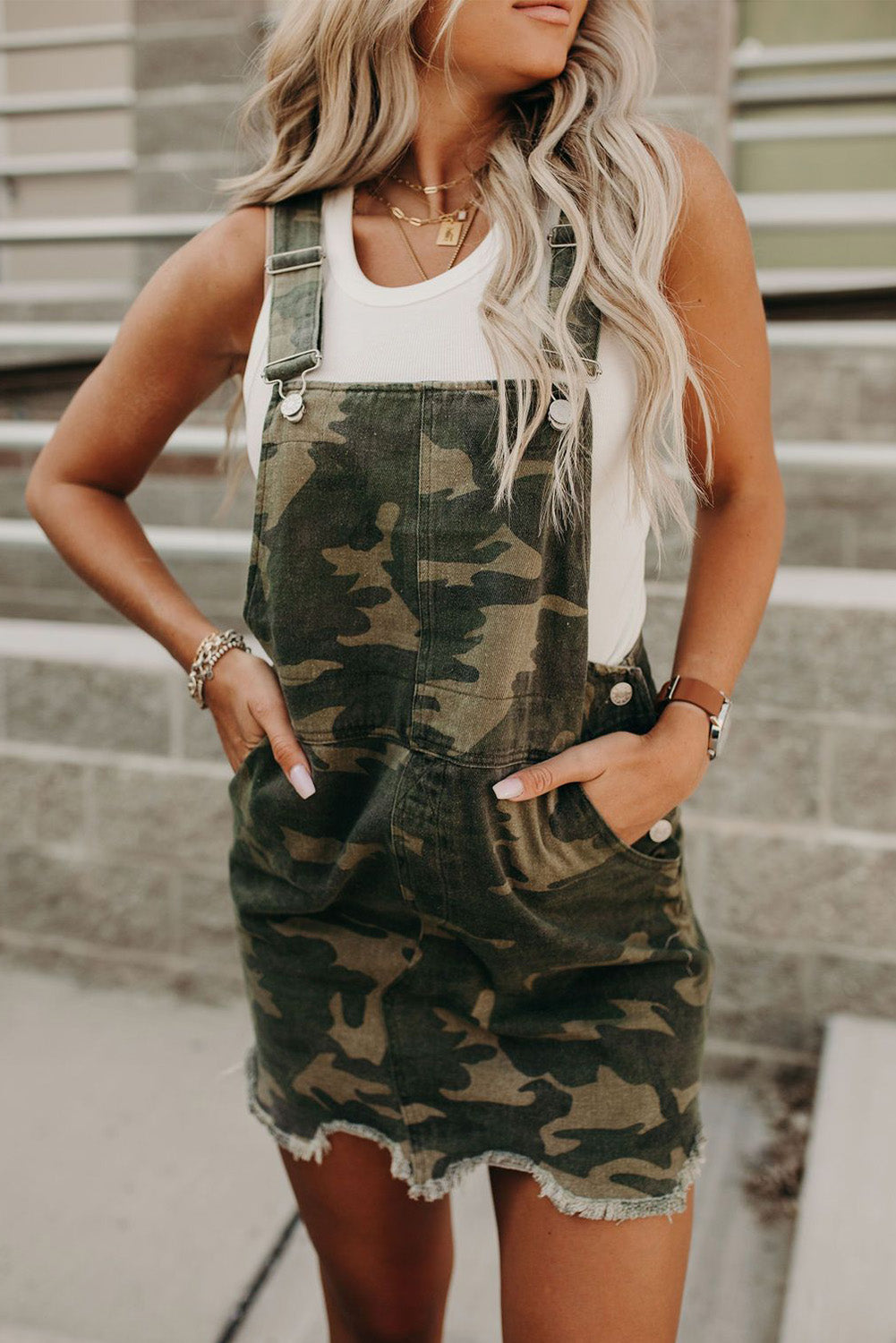 Green Camo Raw Hem Short Overall Dress