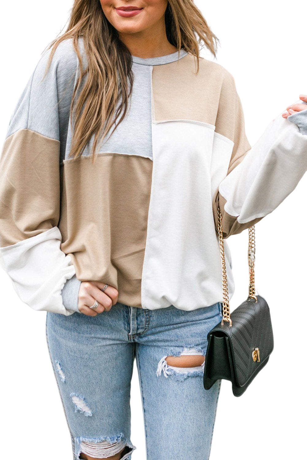 White Colorblock Exposed Seam Drop Shoulder Oversized Top