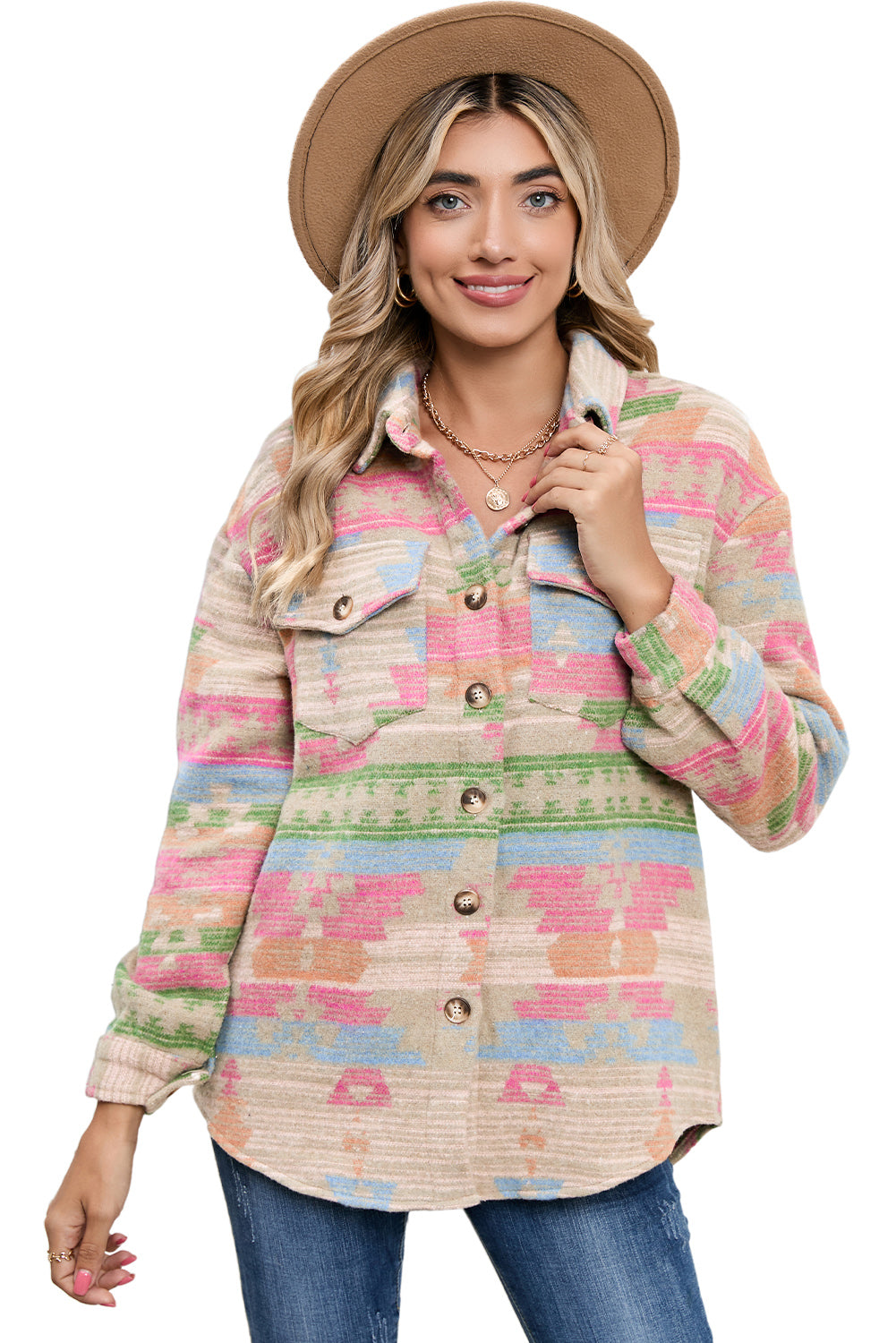 Multicolor Button Up Flap Pockets Geometric Jacket for Women