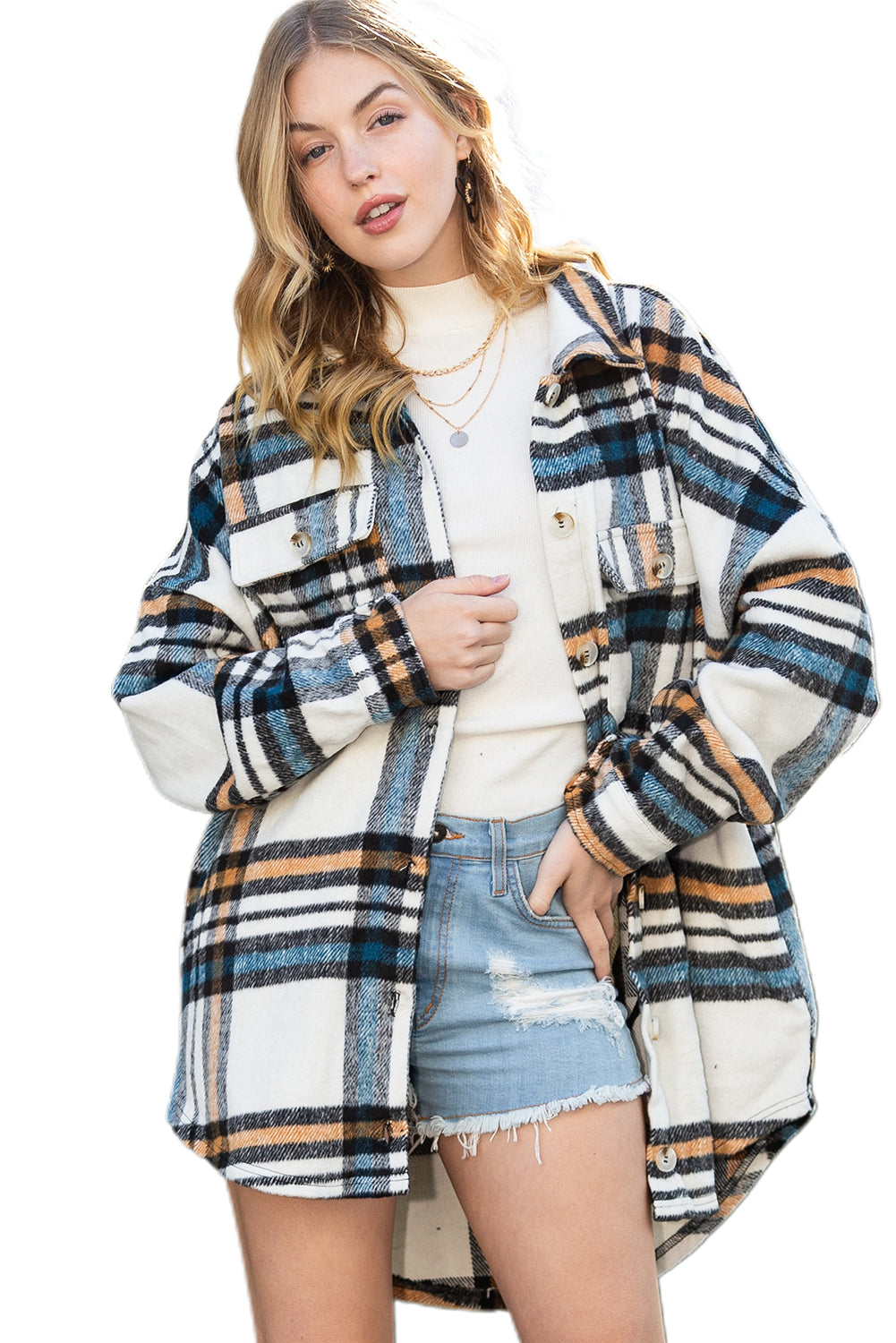 White Plaid Rounded Hem Oversized Shacket