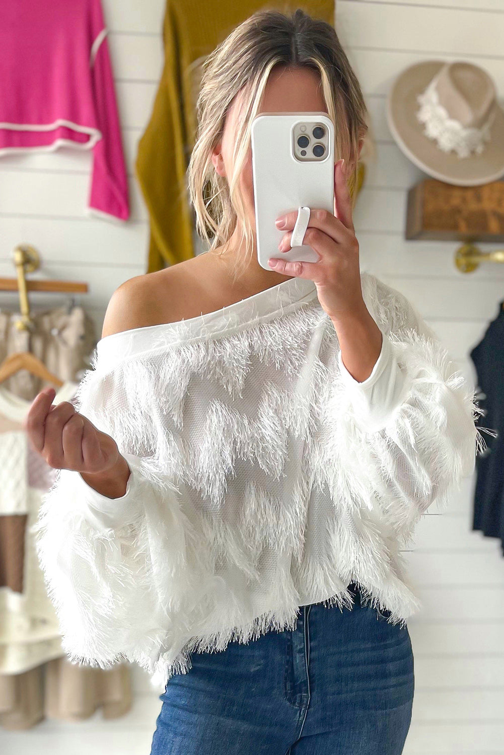 White Zigzag Fringed Boat Neck Blouse