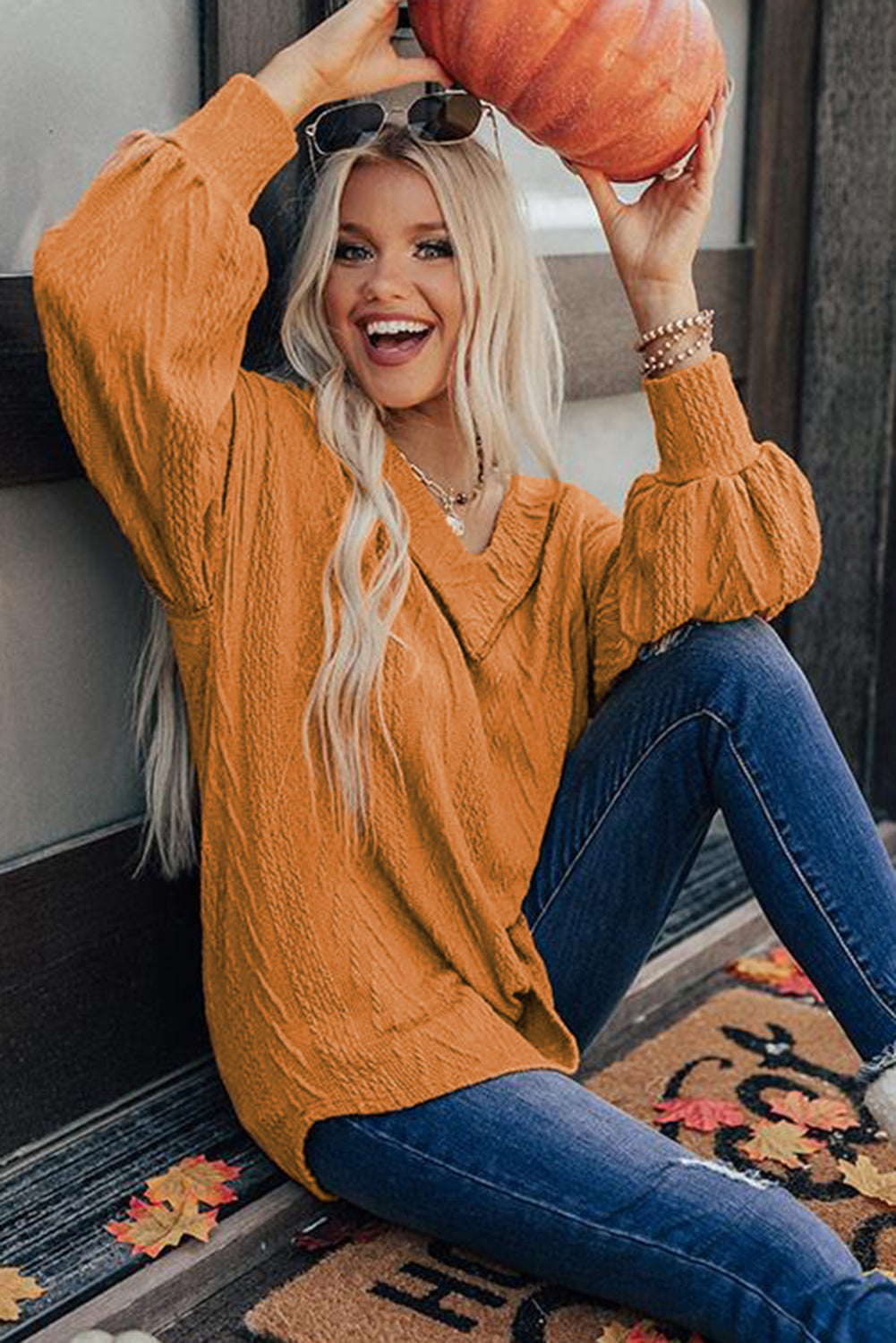 Orange Textured Casual V Neck Bishop Sleeve Top