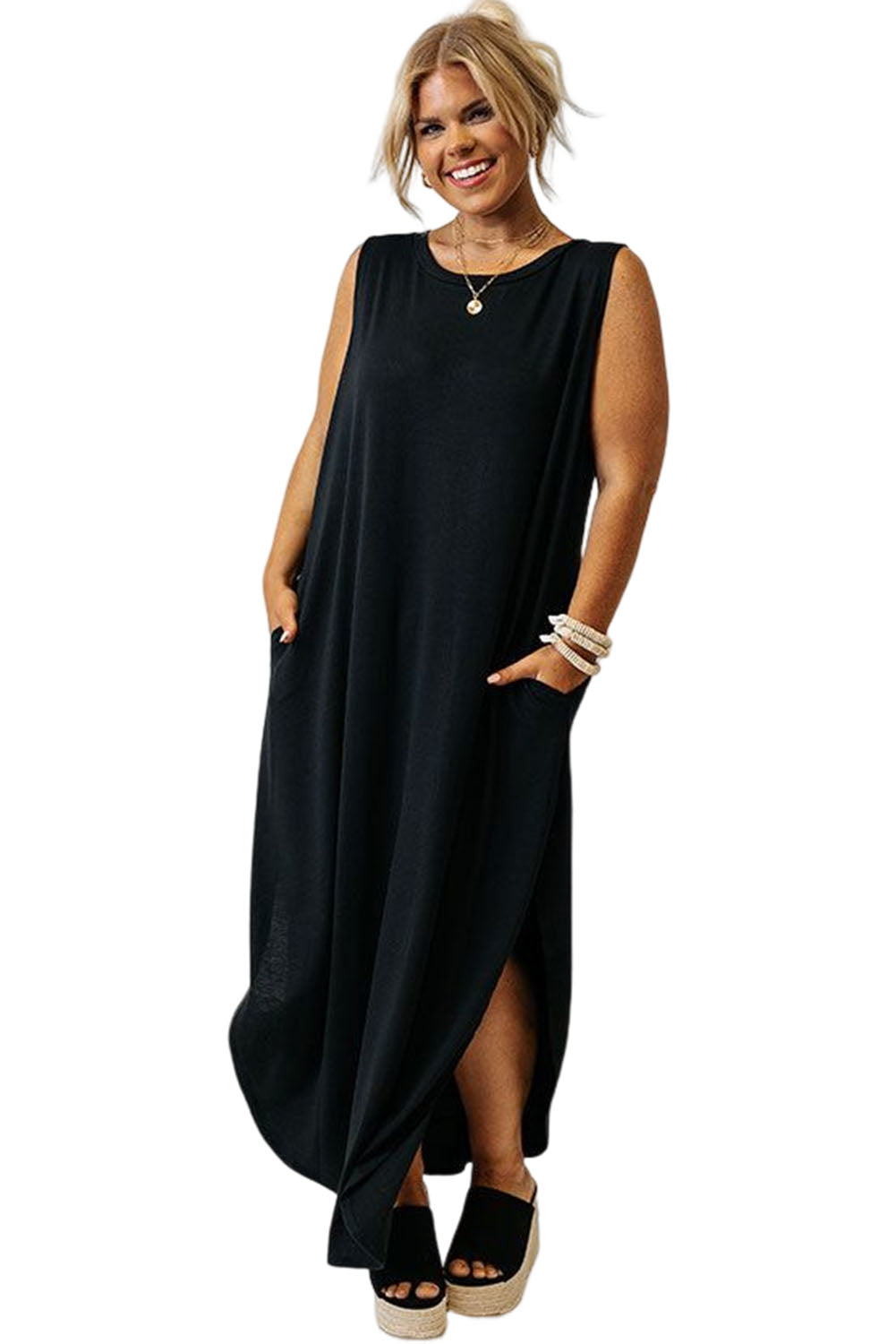 Black Plus Size Wide Sleeveless Shoulder Split Maxi Tank Dress