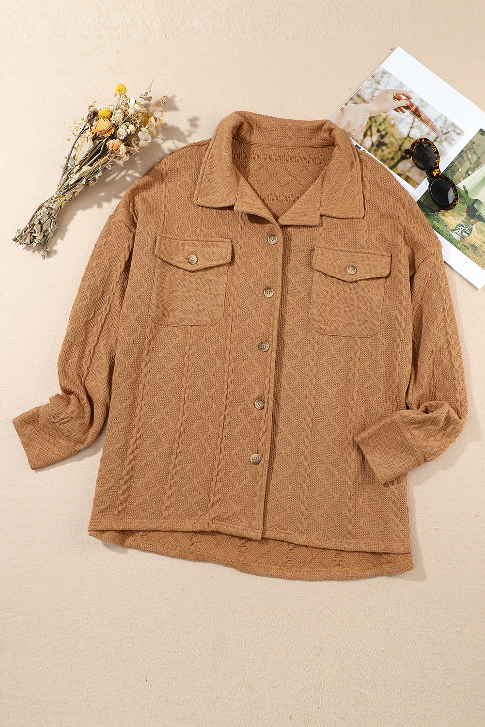 Camel Textured Knit Flap Pocket Shacket