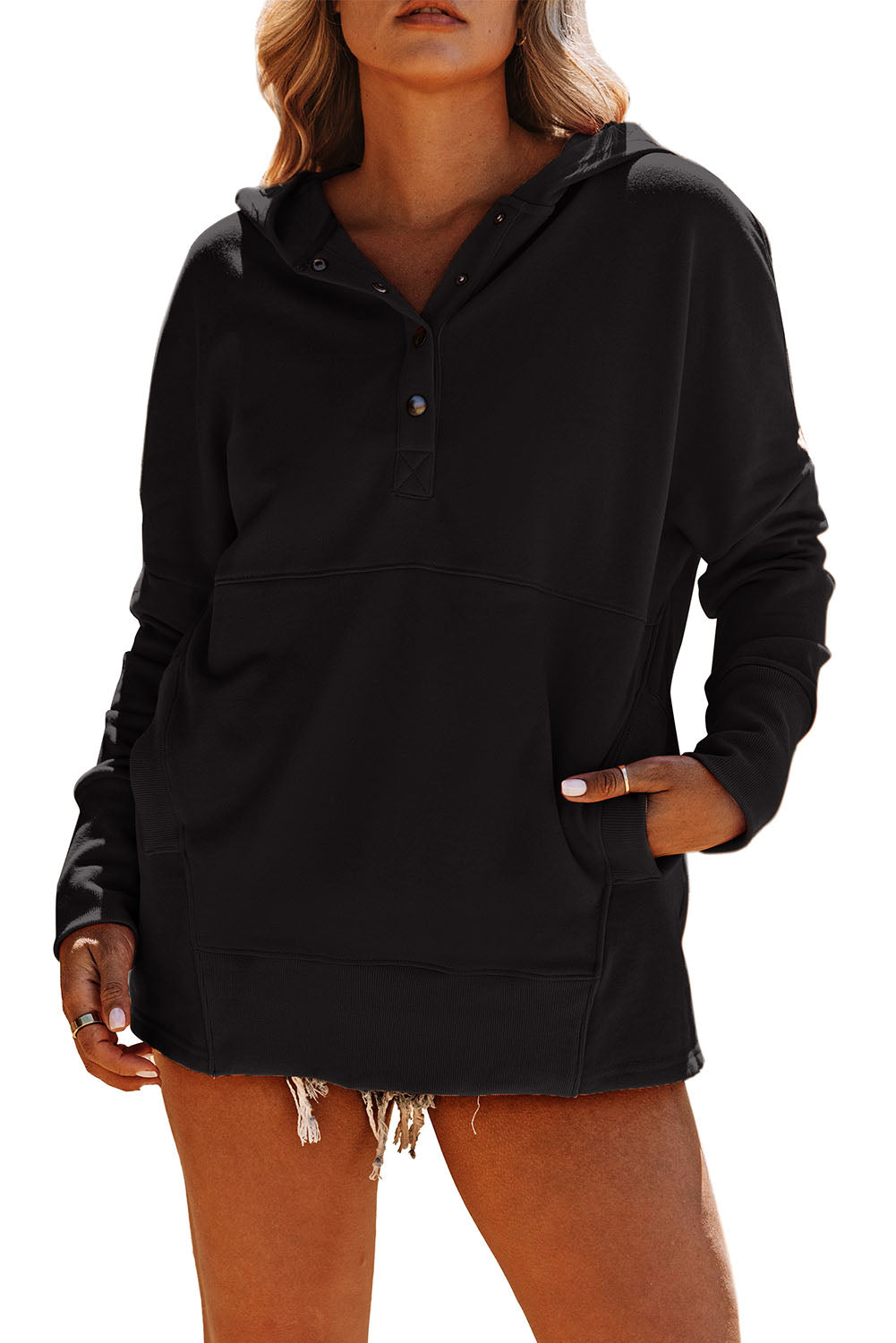 Dark Blue Snap Button Batwing Sleeve Pocket Henley Hoodie