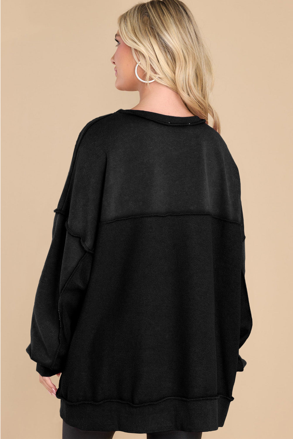 Green Patchwork Exposed Seam Oversized Henley Sweatshirt