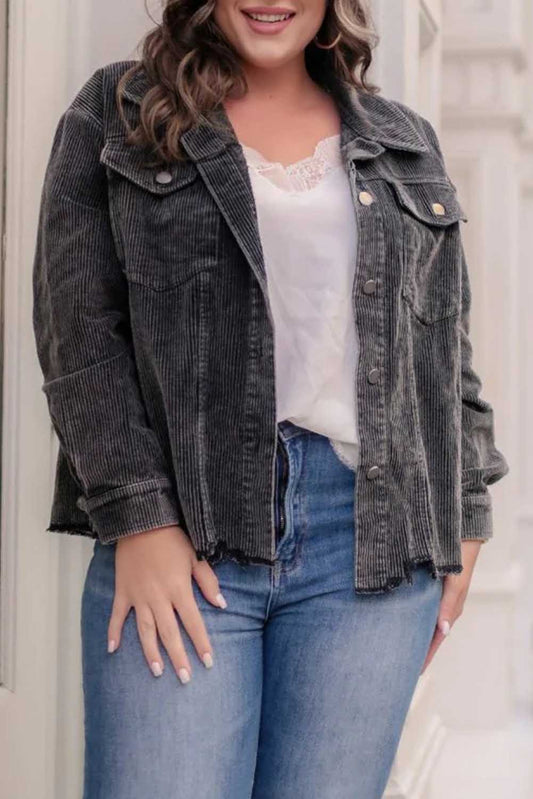 Gray Plus Size Flap Pocket Raw Edge Corduroy Jacket