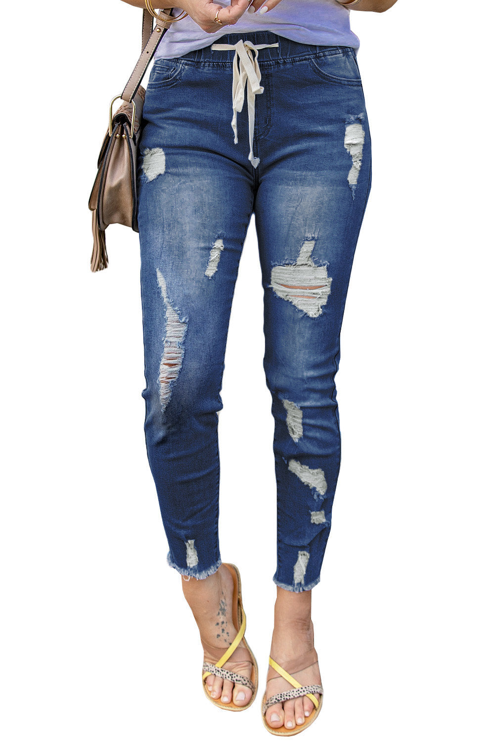 Light Blue Drawstring Elastic Waist Jeans With Hole