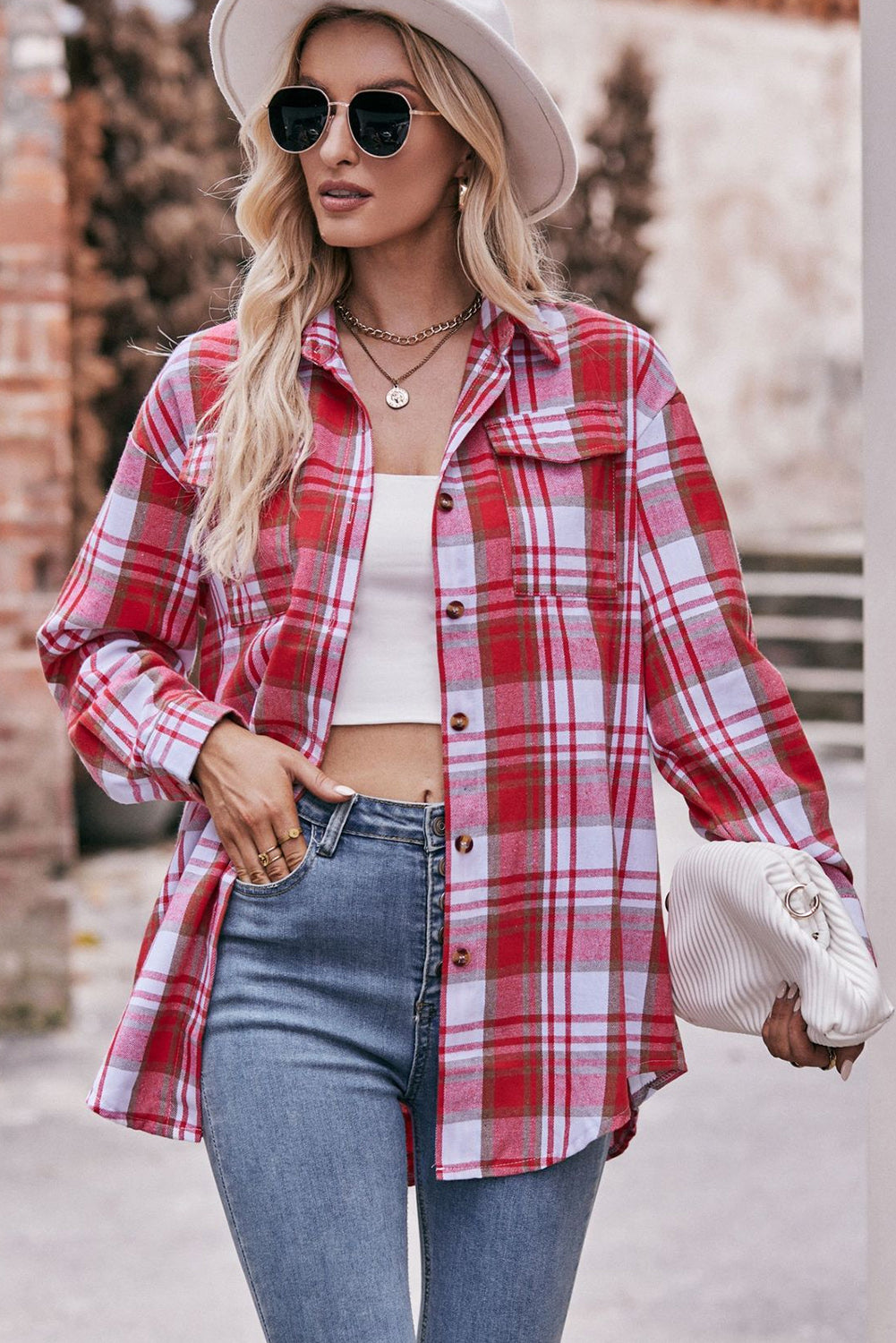 Multicolor Plaid Colorblock Button Up Shacket