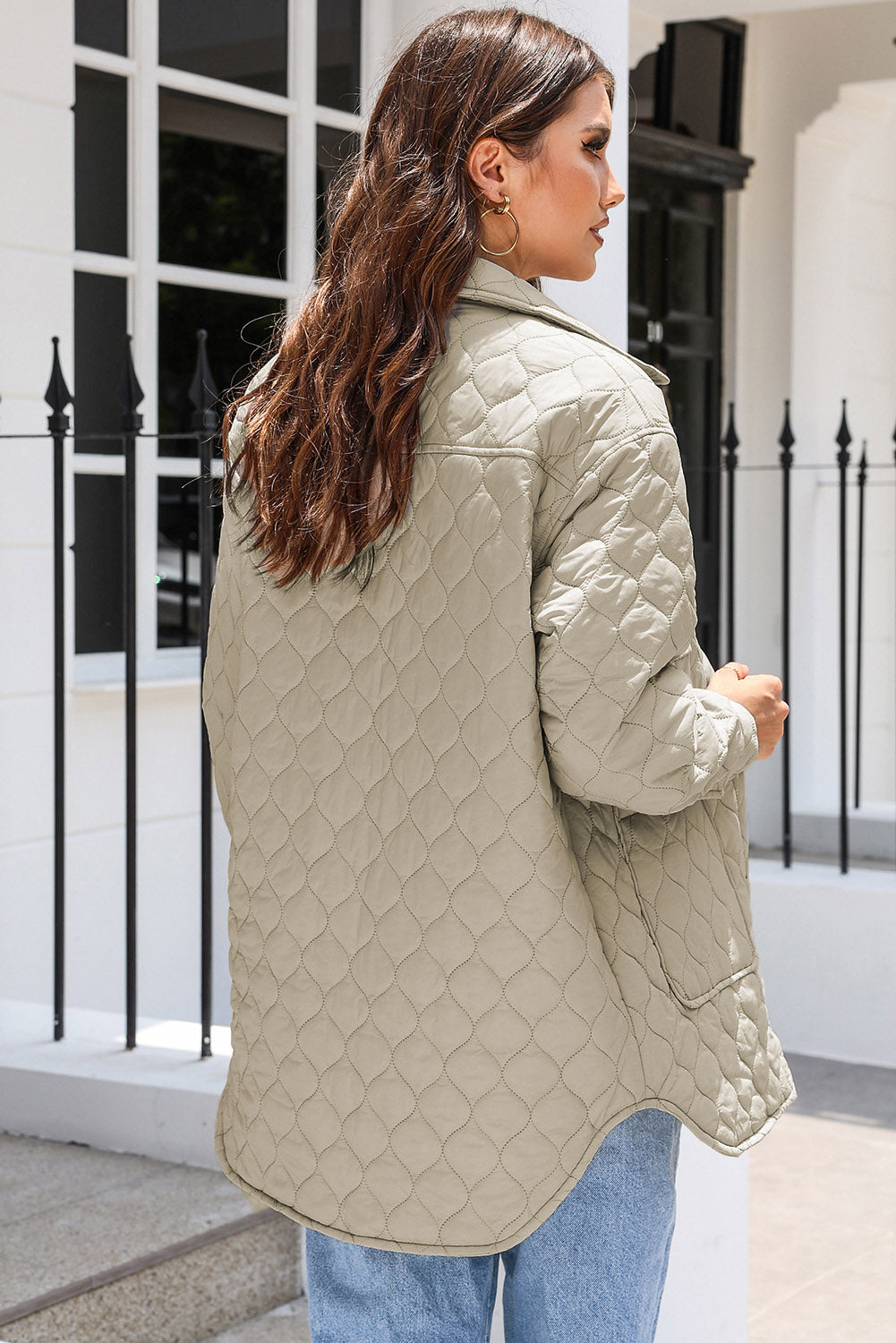 Beige Big Pockets Quilted Button Down Puffer Coat